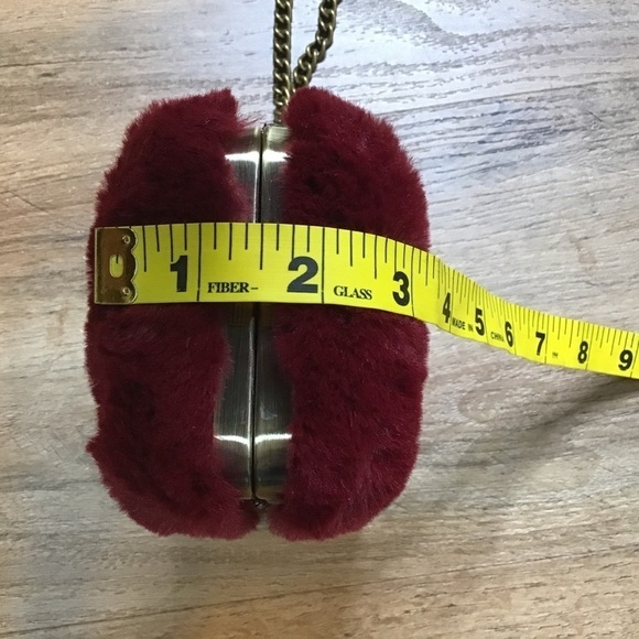 FAUX Fur Purse Cross Body Brass Chain Metal Box Frame Burgundy Red - Picture 11 of 11